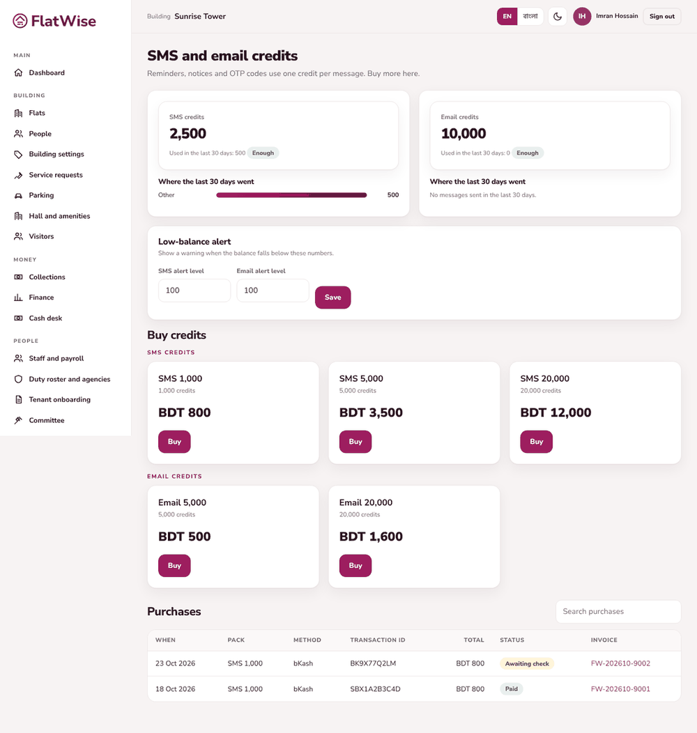 Buy SMS and email credits