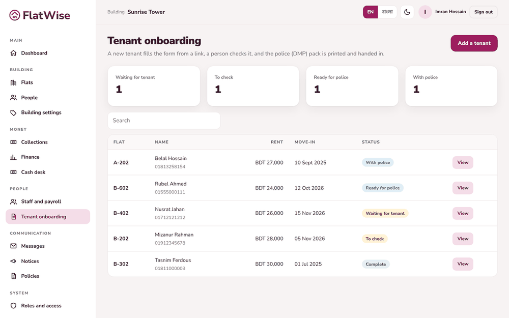 Tenant onboarding board