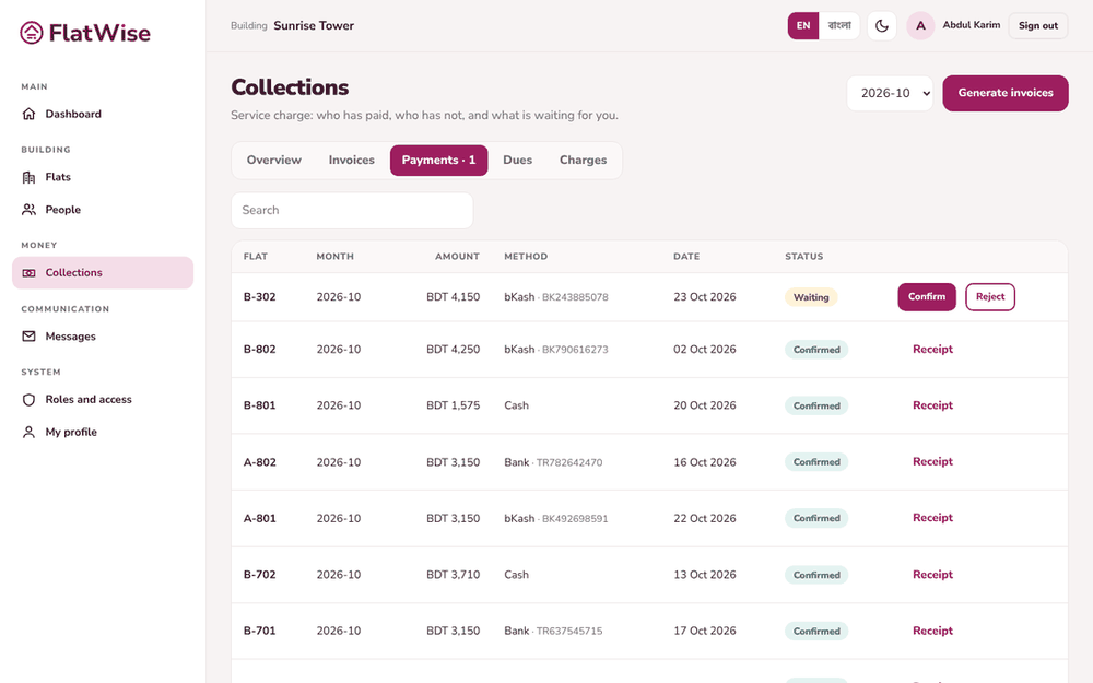 Payments waiting to be checked